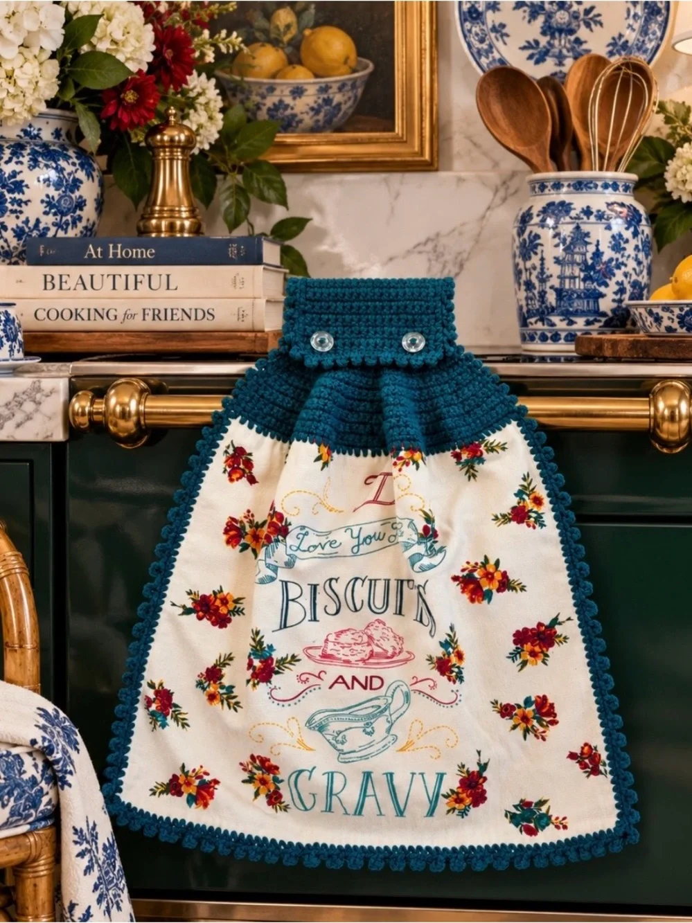 Pioneer Woman Biscuits & Gravy Crochet Hanging Kitchen Towel Teal